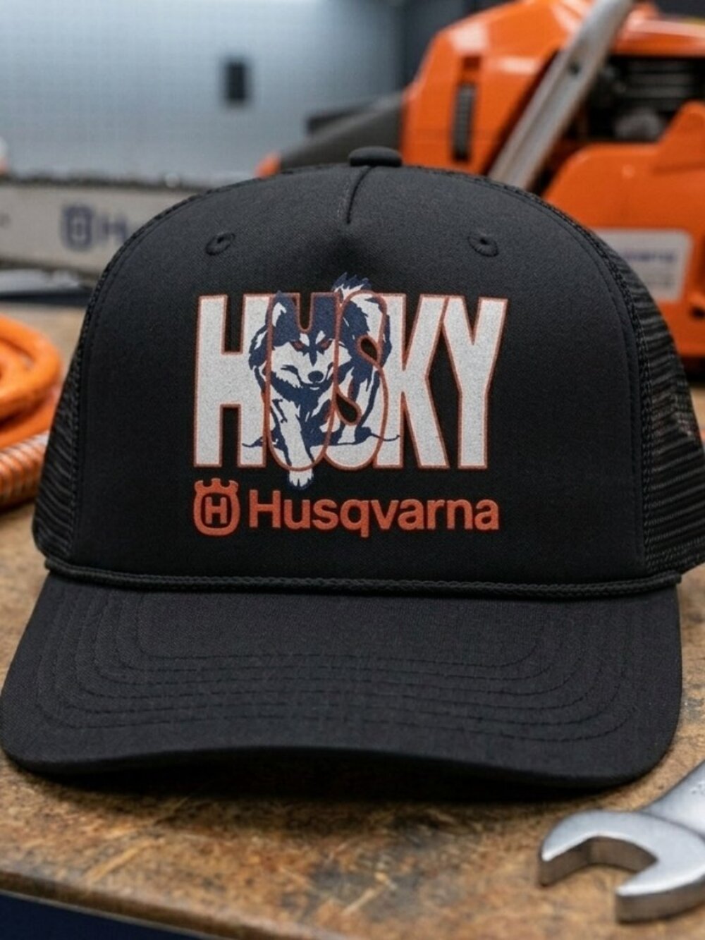 Husqvarna Chainsaw Husky Dog Logo Printed Black Rope Trucker Hat Cap Outdoors US